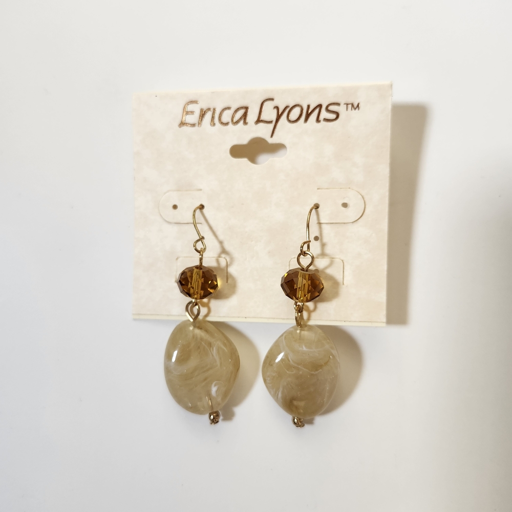 Erica Lyons Gold and Tan drop pierced earrings